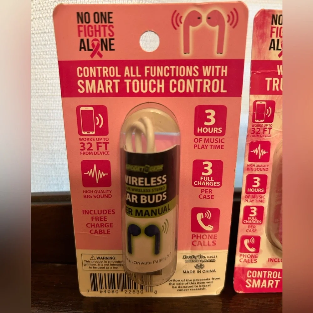 BCA 2 Sets Pink Wireless Earbuds w/Smart Touch Control Breast Cancer Awareness